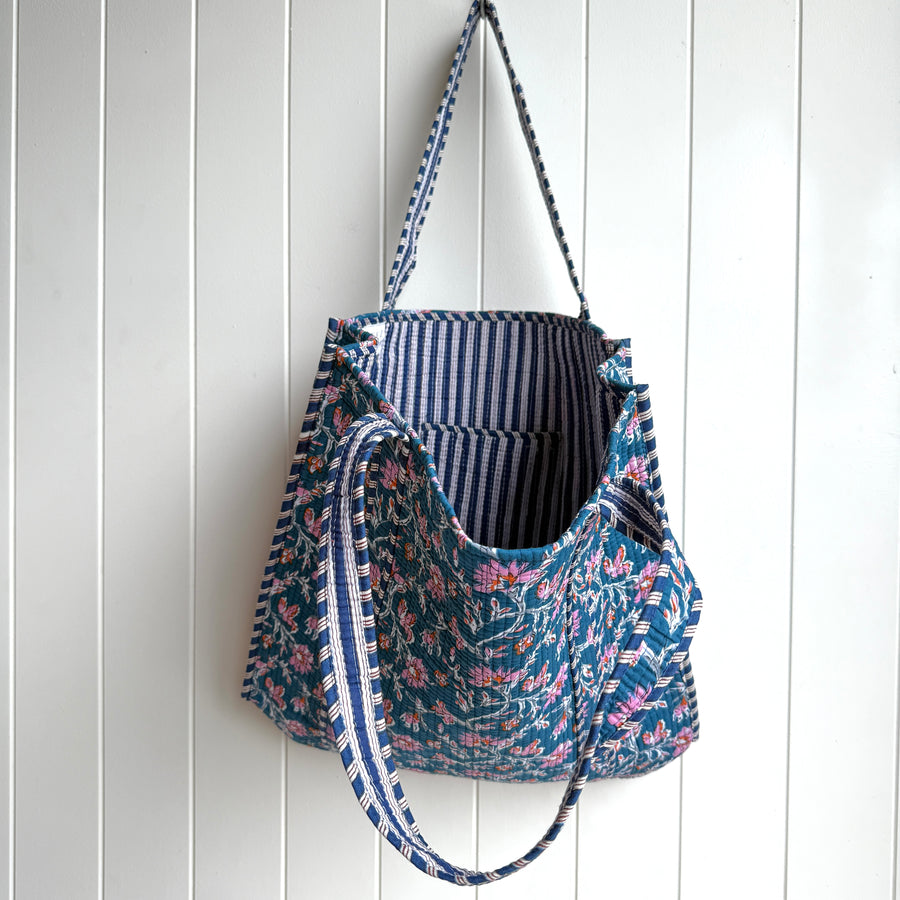 Indian Quilted Tote Bag - Blue and Pink Flower