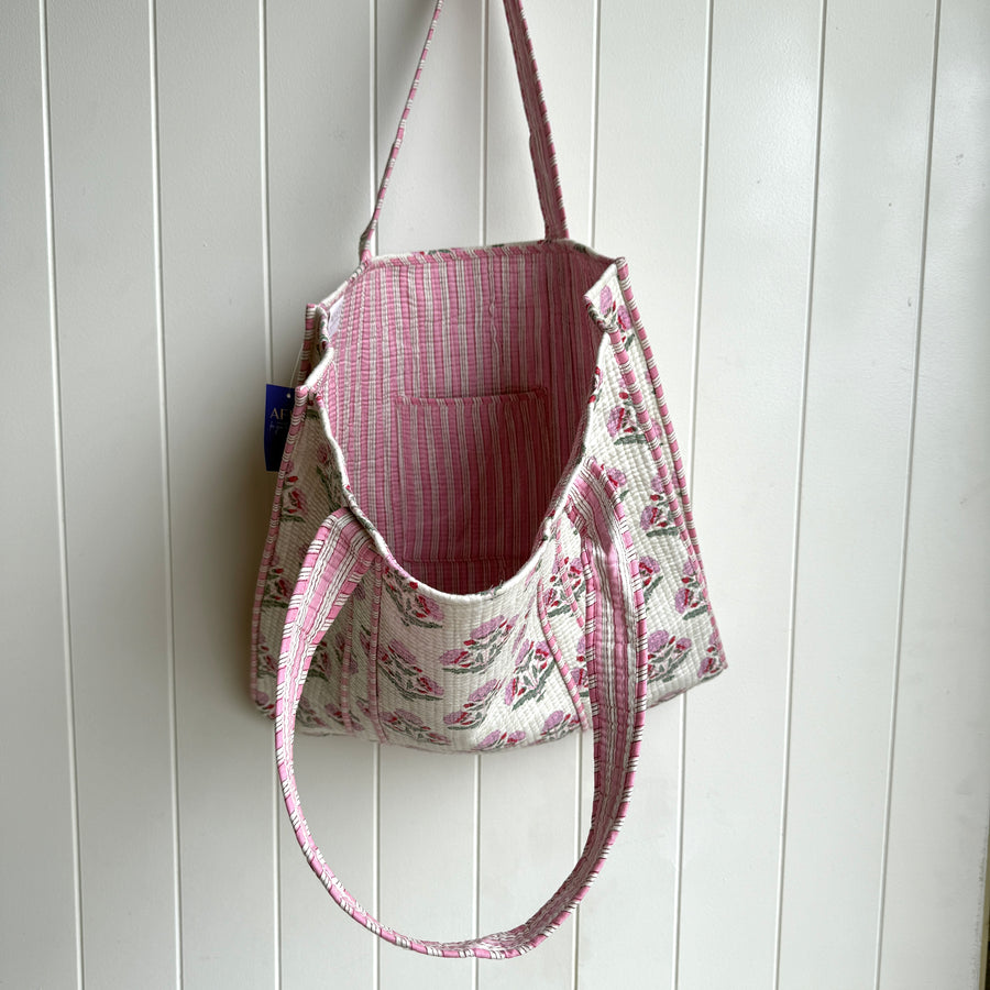 Indian Quilted Tote Bag - Pink Flower
