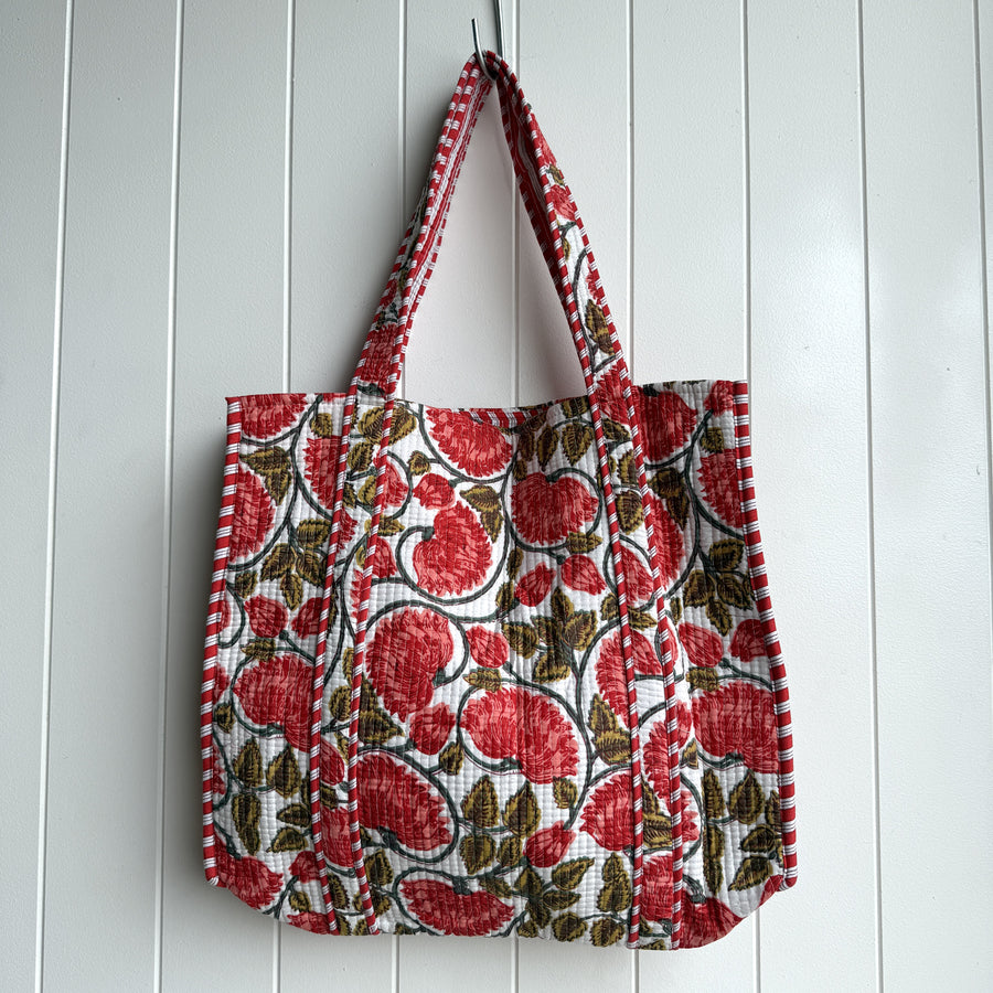 Indian Quilted Tote Bag - Peach Flowers