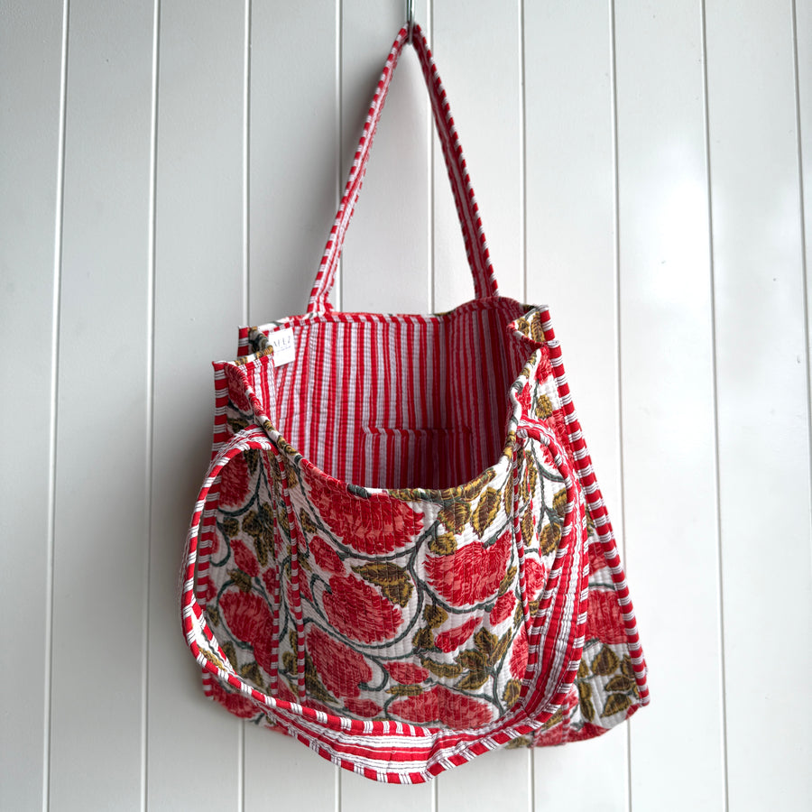 Indian Quilted Tote Bag - Peach Flowers