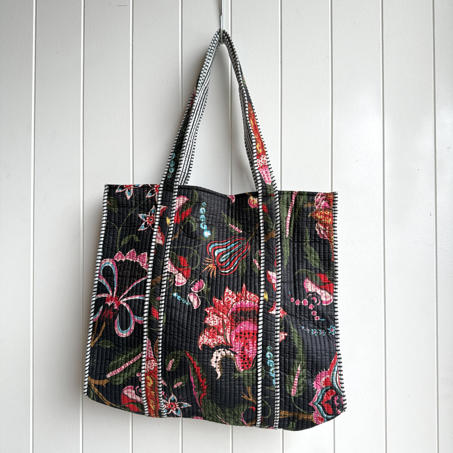 Indian Quilted Tote Bag - Black Floral