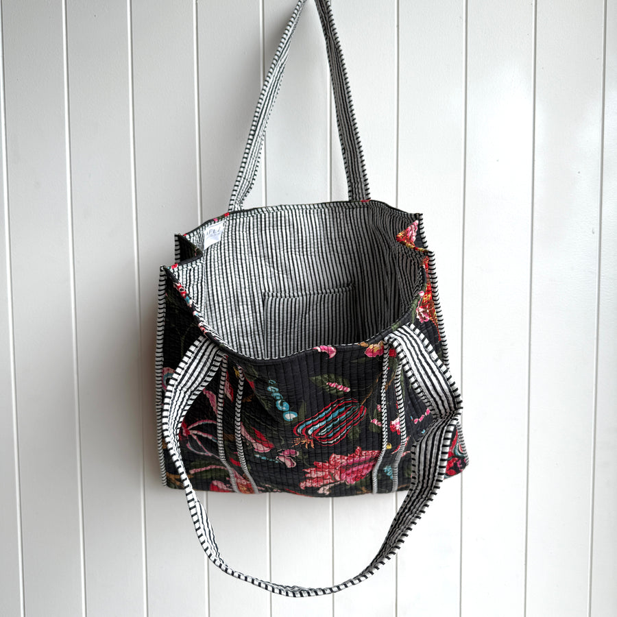 Indian Quilted Tote Bag - Black Floral