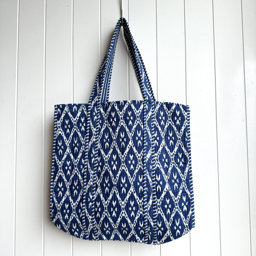 Indian Quilted Tote Bag - Blue & White
