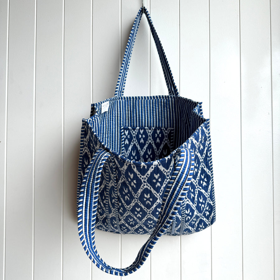 Indian Quilted Tote Bag - Blue & White