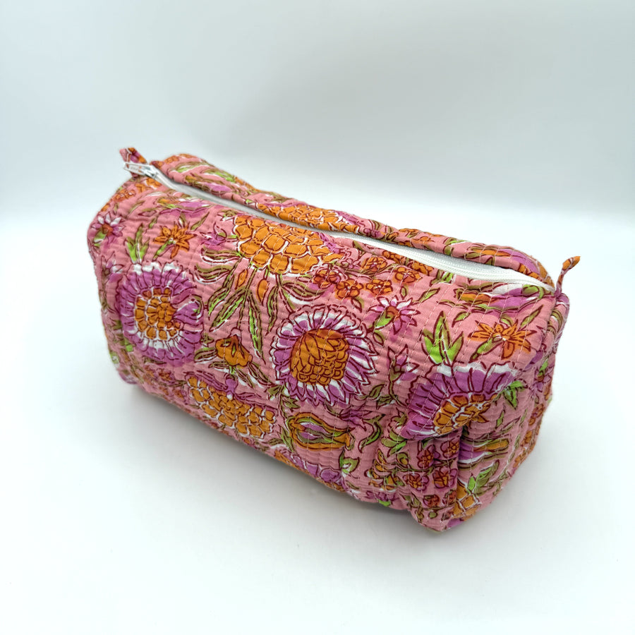 Indian Quilted Cosmetic Bag - Large, Orange Chrysanthemum