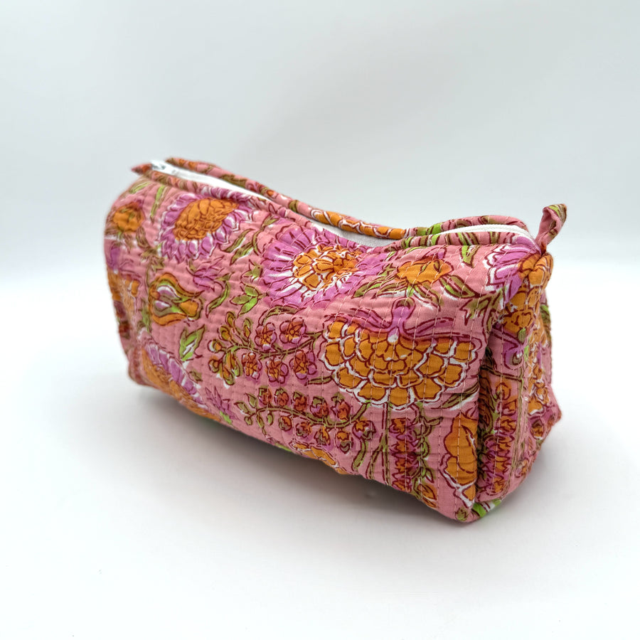 Indian Quilted Cosmetic Bag - Medium, Orange Chrysanthemum