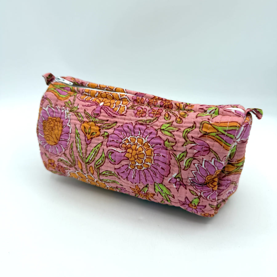 Indian Quilted Cosmetic Bag - Small, Orange Chrysanthemum