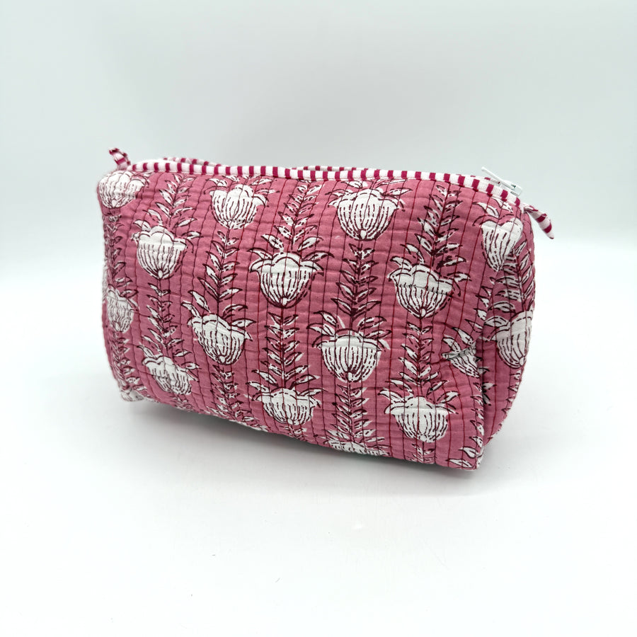 Indian Quilted Cosmetic Bag - Medium, White & Pink Tulip