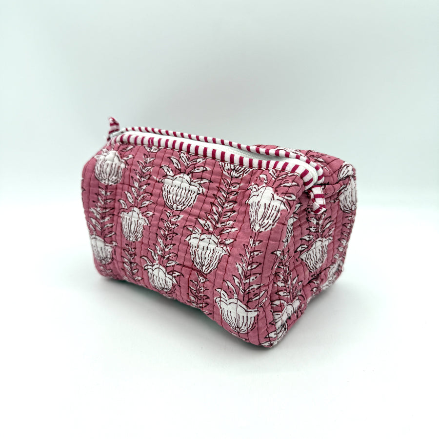 Indian Quilted Cosmetic Bag - Small, White & Pink Tulip
