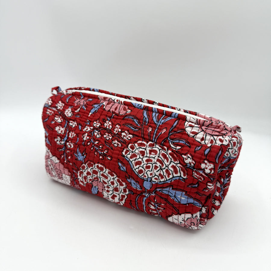 Indian Quilted Cosmetic Bag - Medium, Red & White Flower