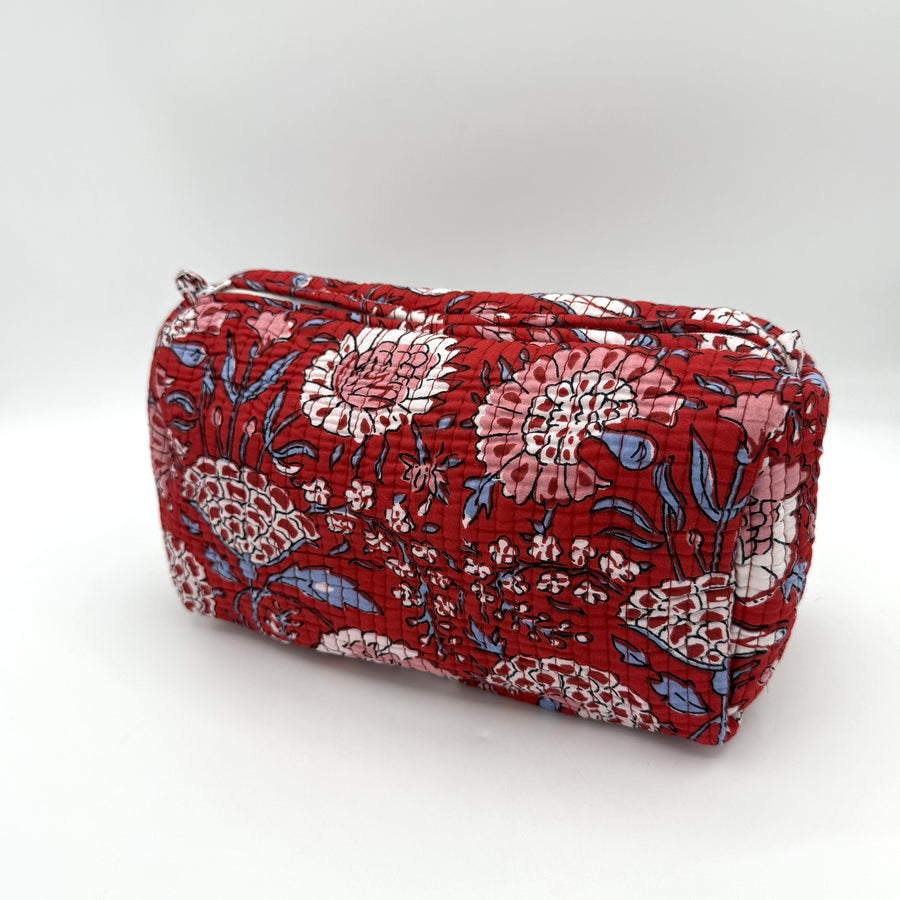 Indian Quilted Cosmetic Bag - Large, Red & White Flower