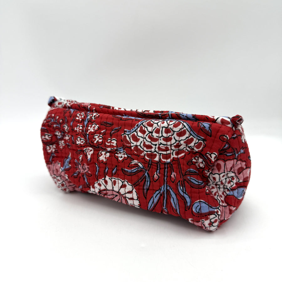 Indian Quilted Cosmetic Bag - Small, Red & White Flower