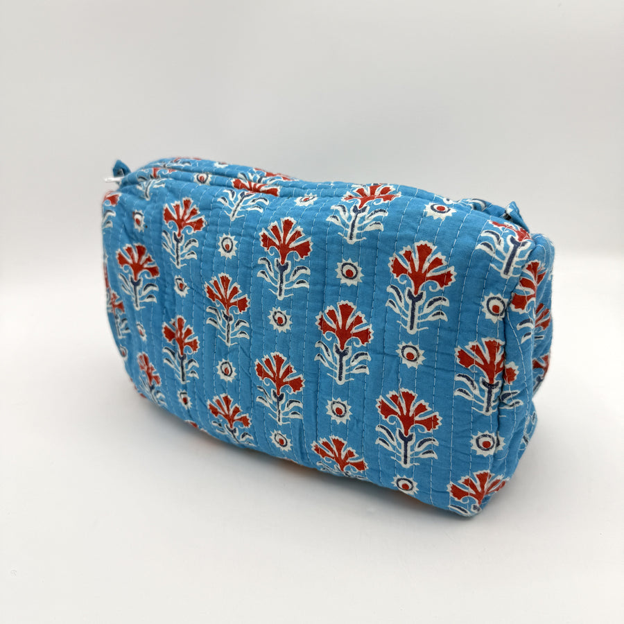 Indian Quilted Cosmetic Bag - Large, Blue & Red Flower