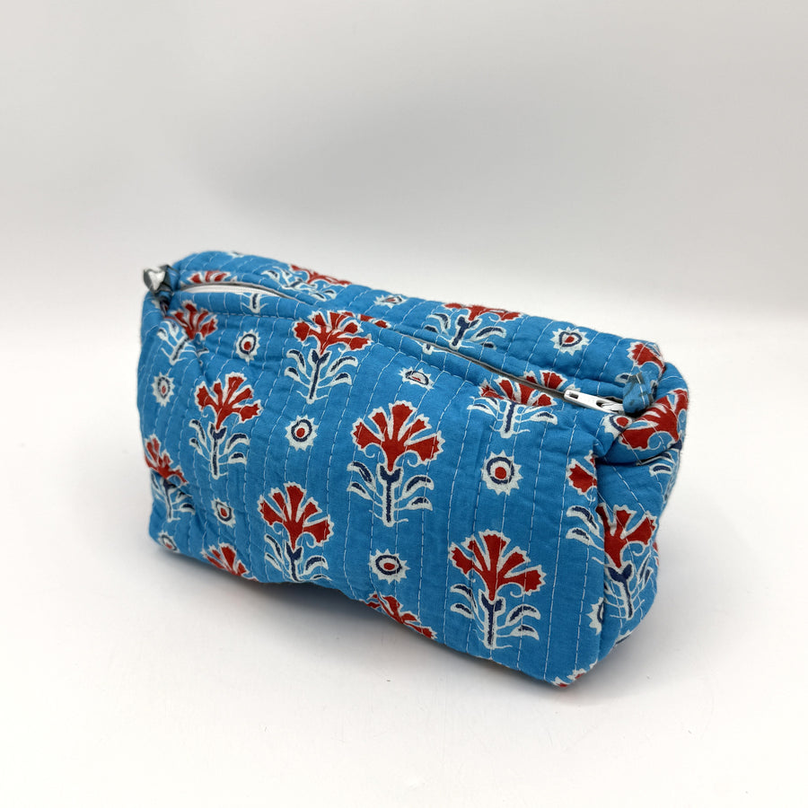 Indian Quilted Cosmetic Bag - Small, Blue & Red Flower