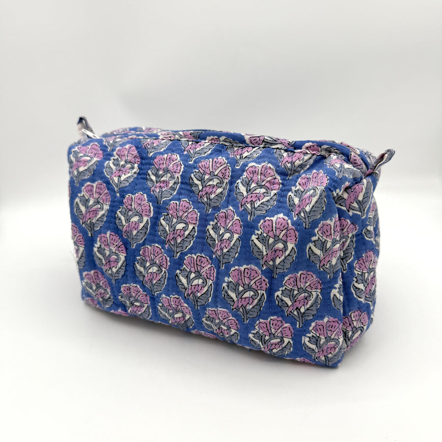 Indian Quilted Cosmetic Bag - Large, Blue & Pink Flower