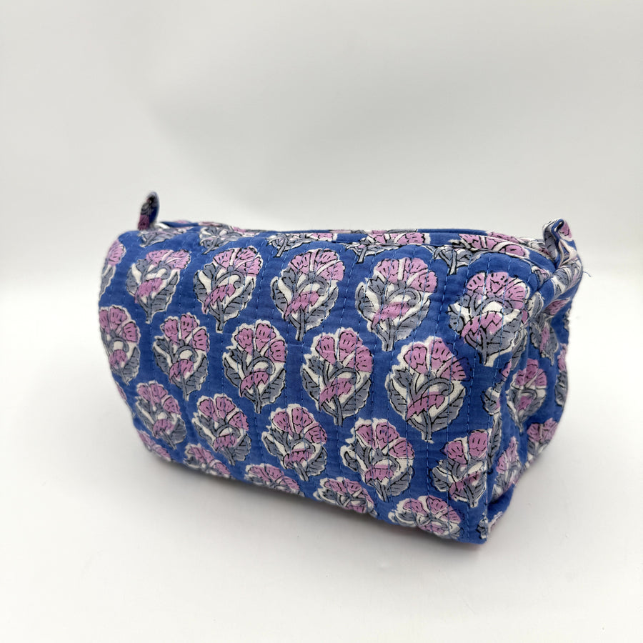 Indian Quilted Cosmetic Bag - Medium, Blue Pink Flower