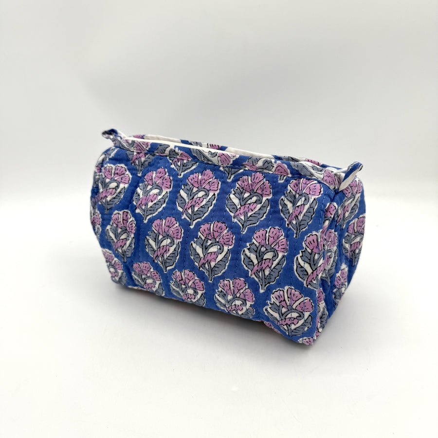 Indian Quilted Cosmetic Bag - Small, Blue Pink Flower