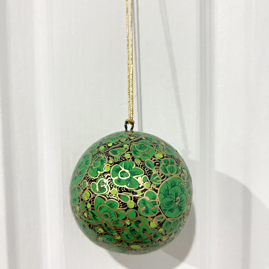 Kashmiri Papier-Mache Bauble - Green & Gold Floral