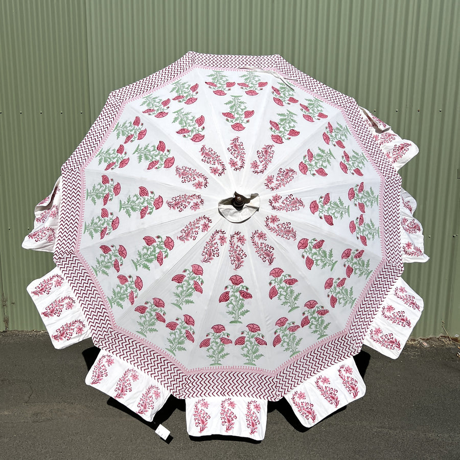 Hand Block Printed Parasol Umbrella - Pink Peony