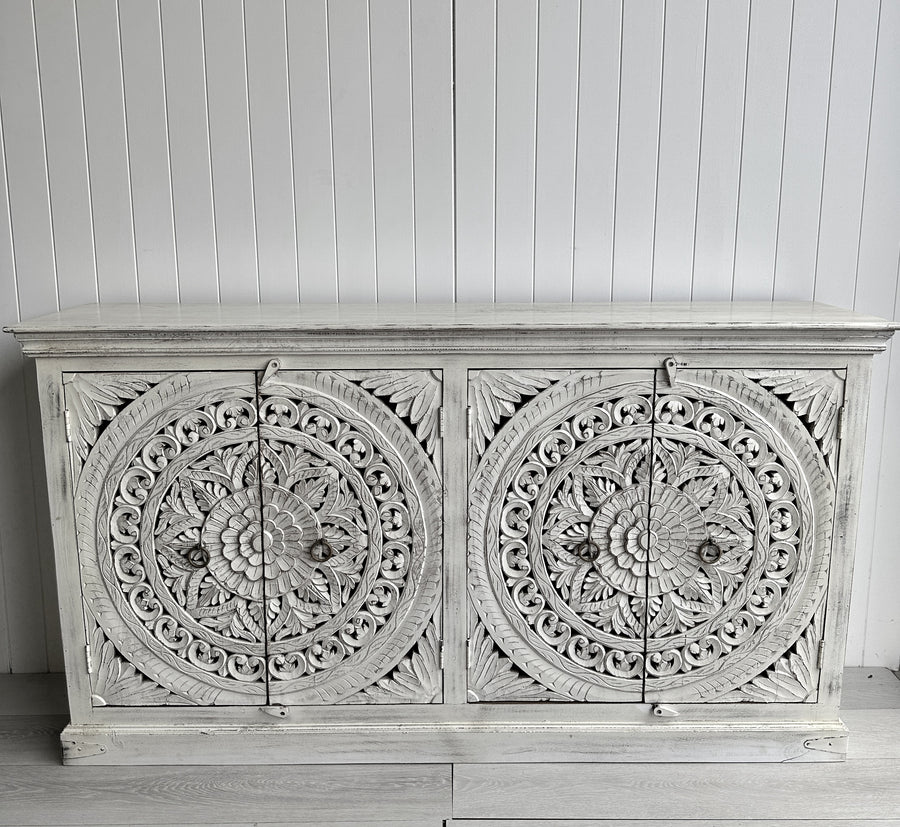 Carved Flower Whitewash 4 door sideboard