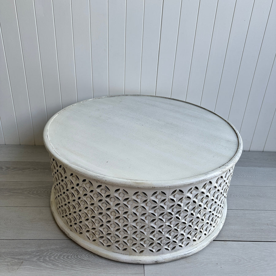 Round Indian Carved Coffee Table  - White