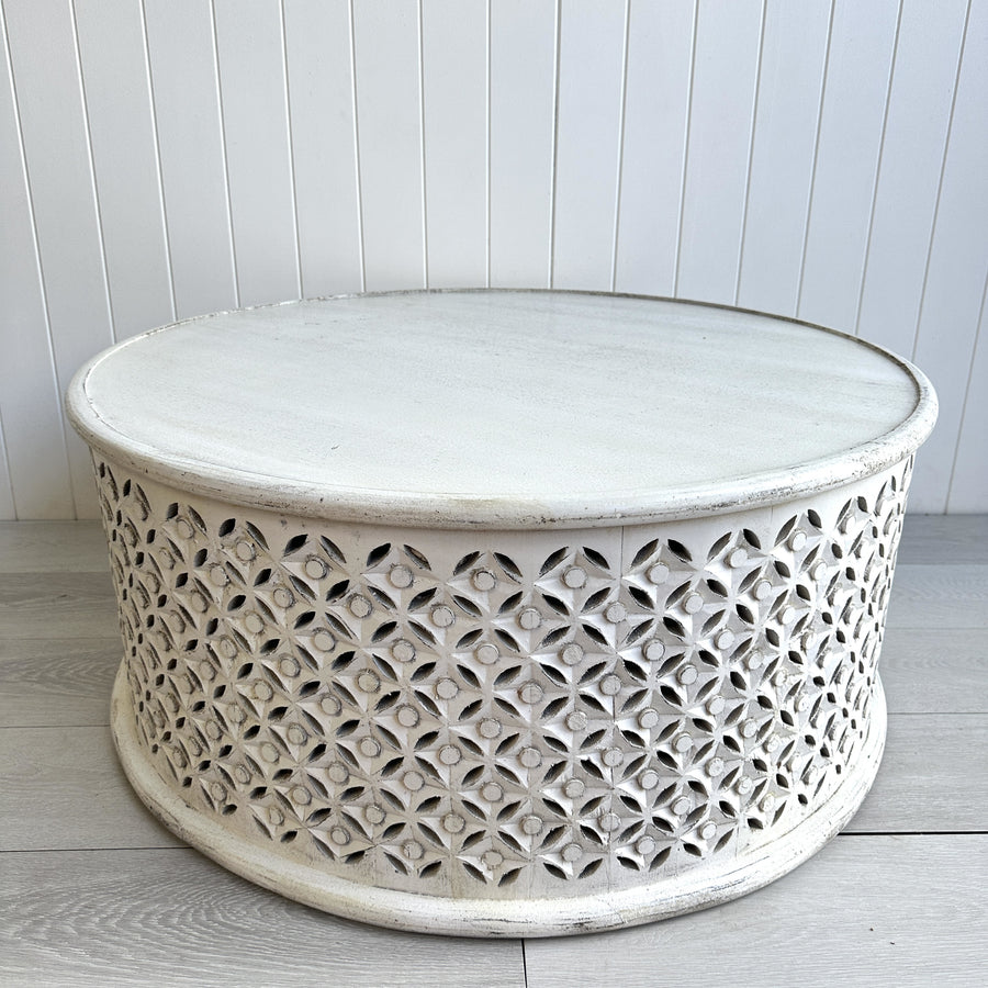 Round Indian Carved Coffee Table  - White