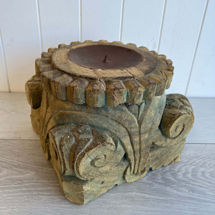 Vintage Wooden Pillar Candle Holder - Large Natural