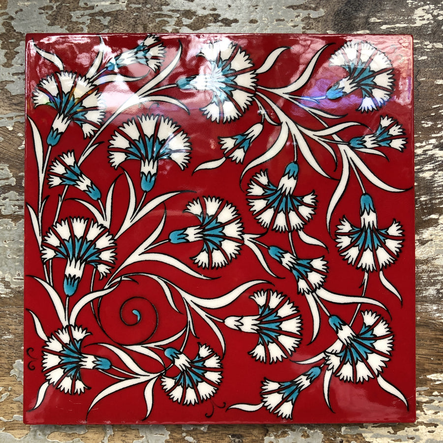 Turkish Handmade Tile - White Carnation on Red