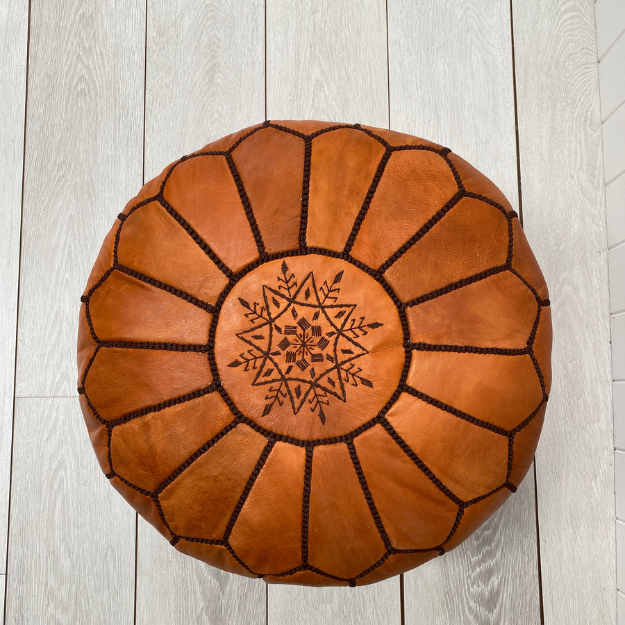 Moroccan Leather Ottoman - Caramel and Brown Stitching