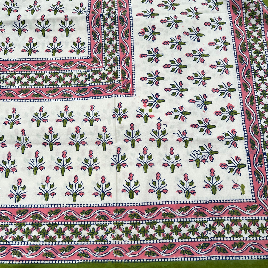 Block Printed Tablecloth - Pink and Green 2