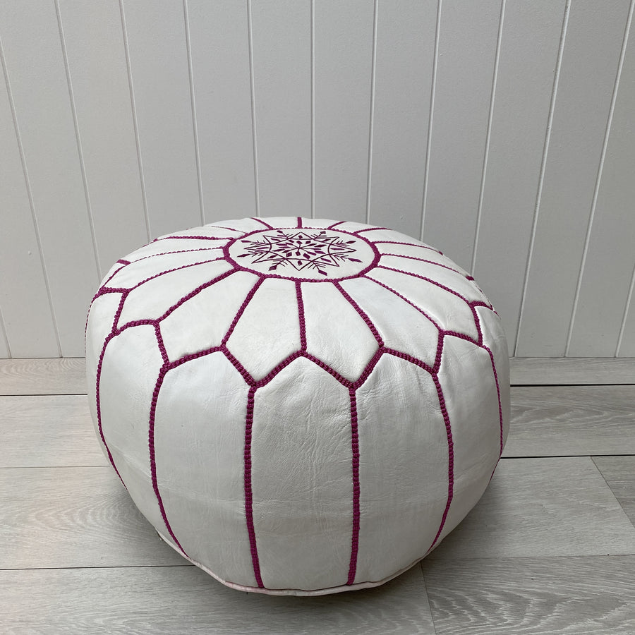 Moroccan Leather Ottoman - White and pink stitching