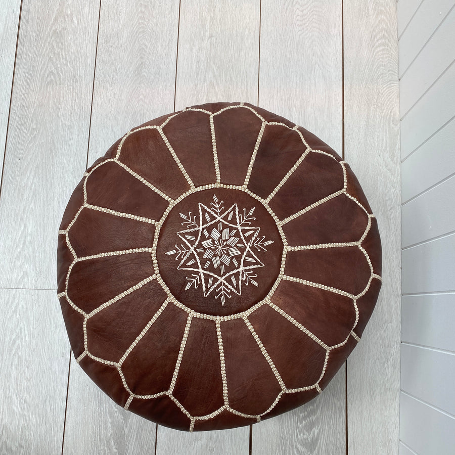 Moroccan Leather Ottoman - Cocoa and white stitching