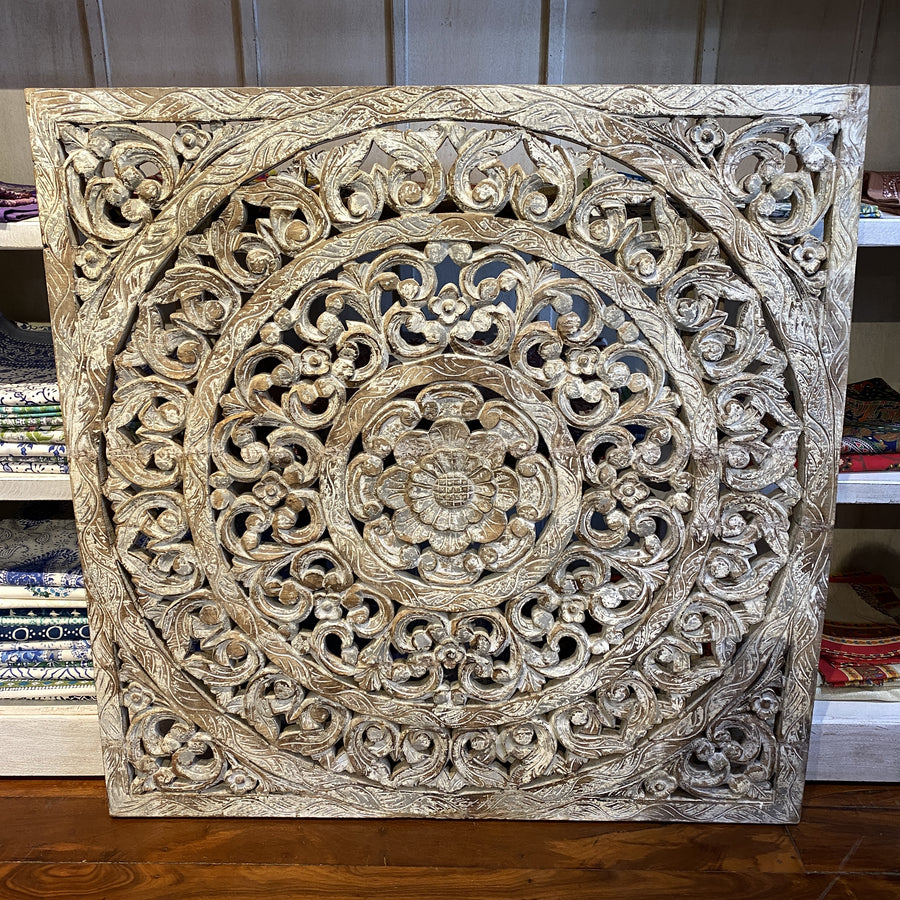 Carved Screen - Square, Grey Wash, Flower