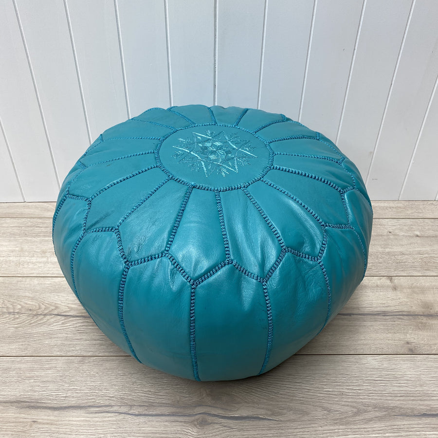 Moroccan Leather Ottoman - Turquoise