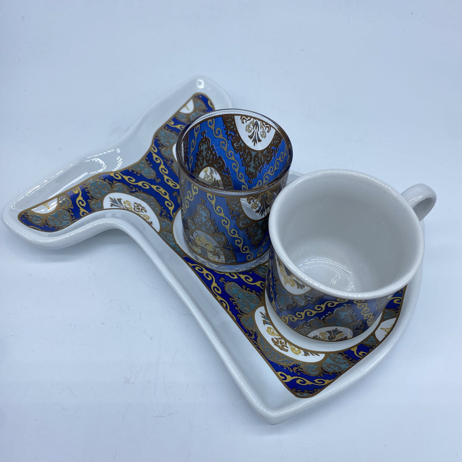 Turkish Coffee Cup and Water Glass - Kaftan Blue and Gold