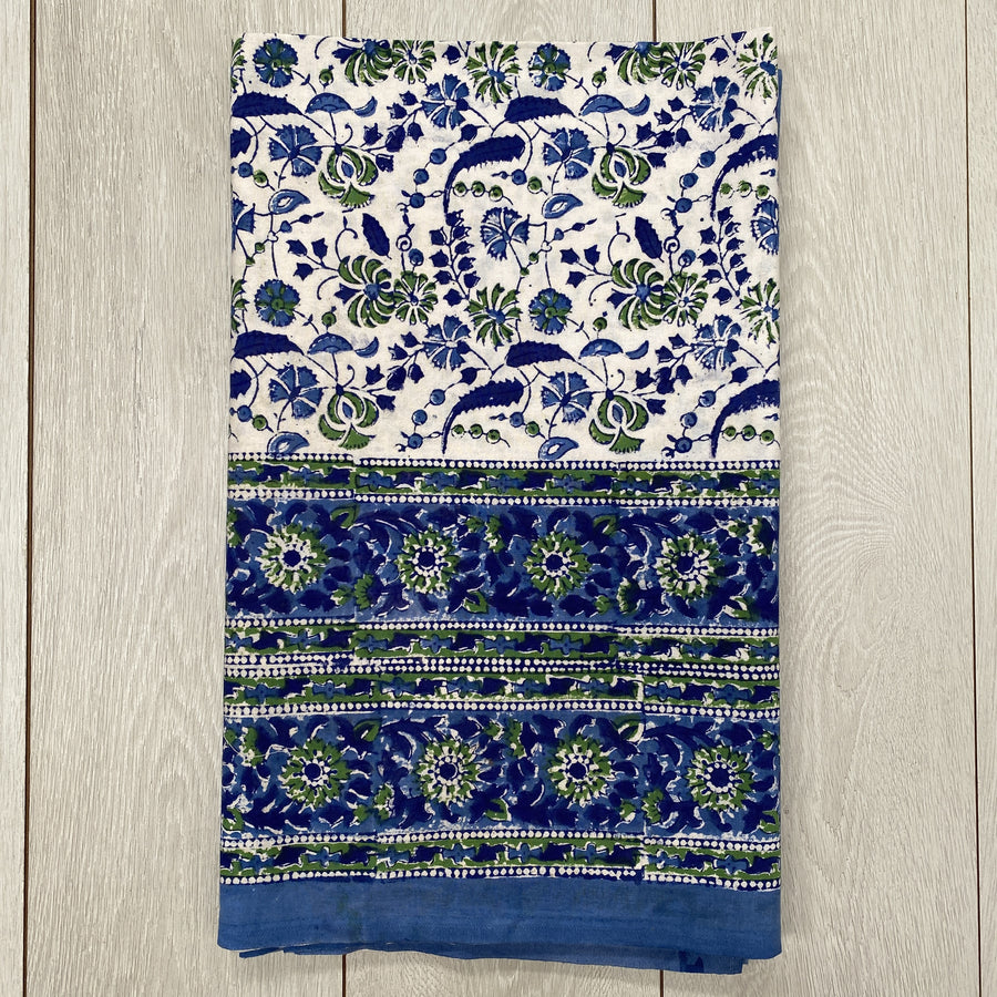 Block Printed Tablecloth - Green and Blue Flower