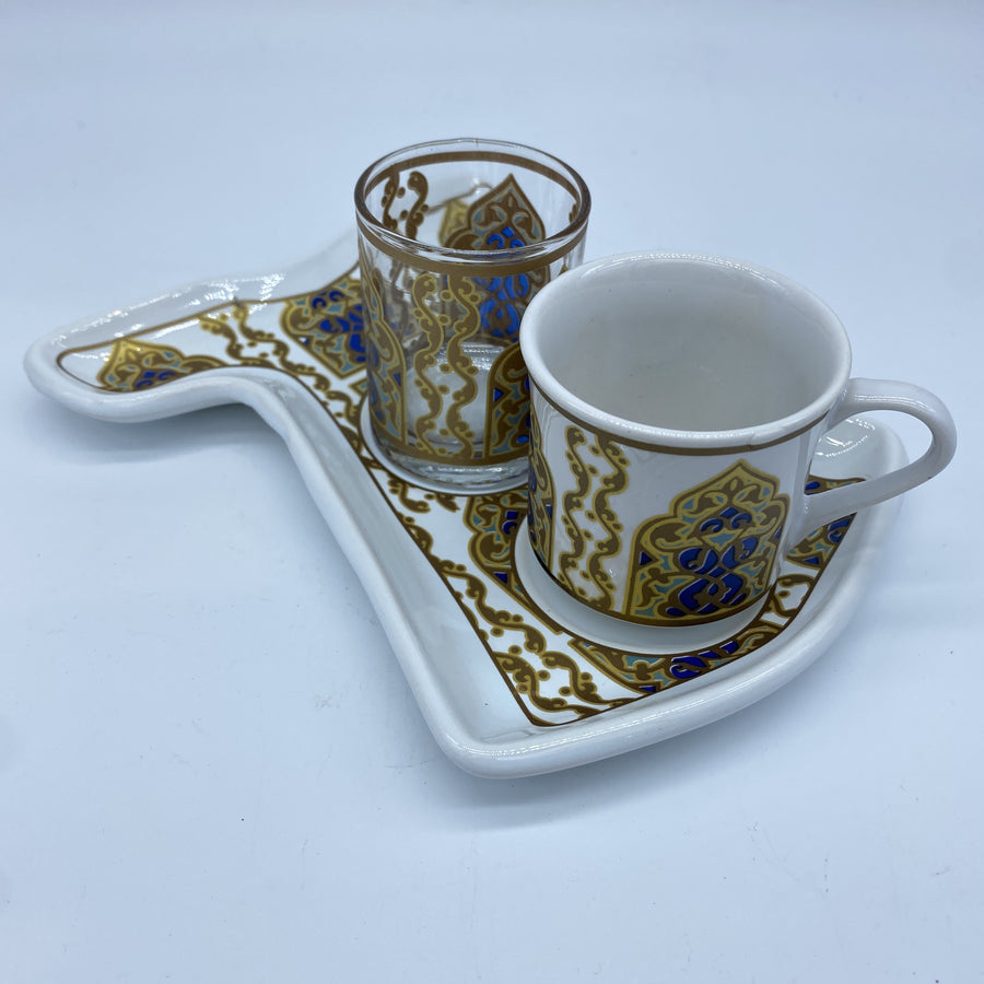 Turkish Coffee Cup and Water Glass - Kaftan Gold and White