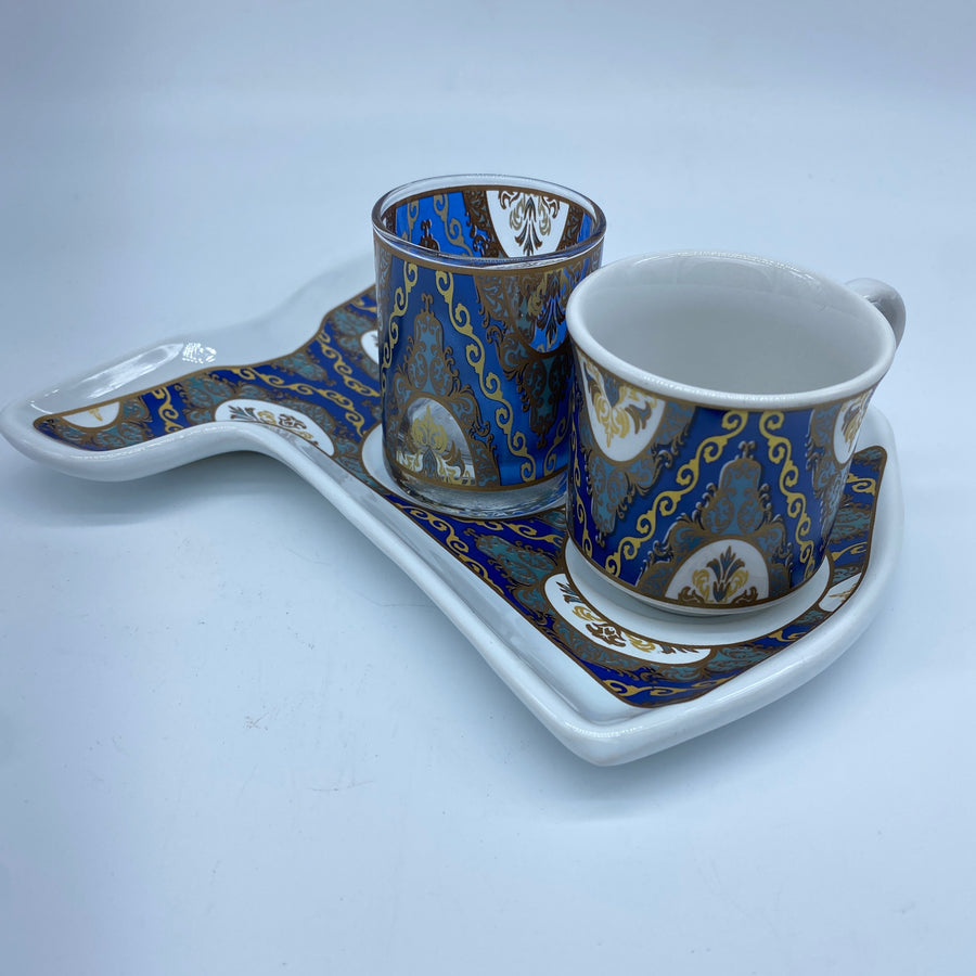 Turkish Coffee Cup and Water Glass - Kaftan Blue and Gold