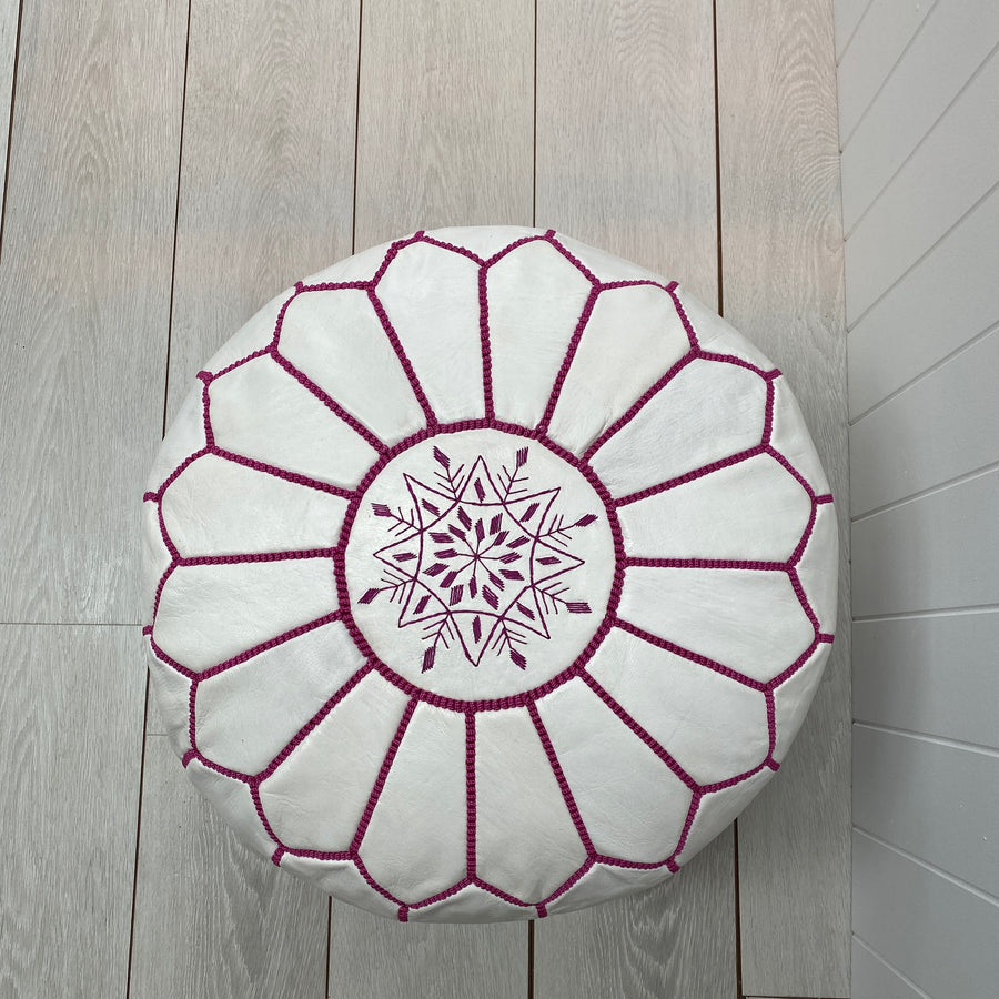 Moroccan Leather Ottoman - White and pink stitching