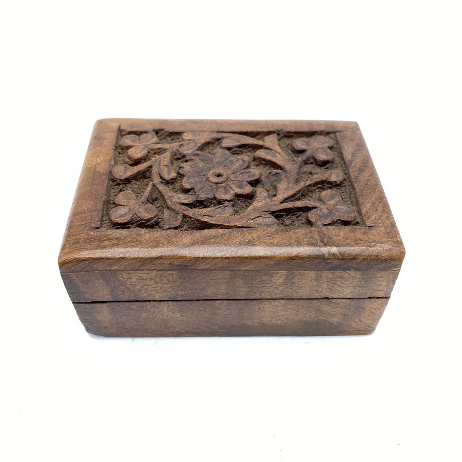 Wooden Box with Carved Flower Lid