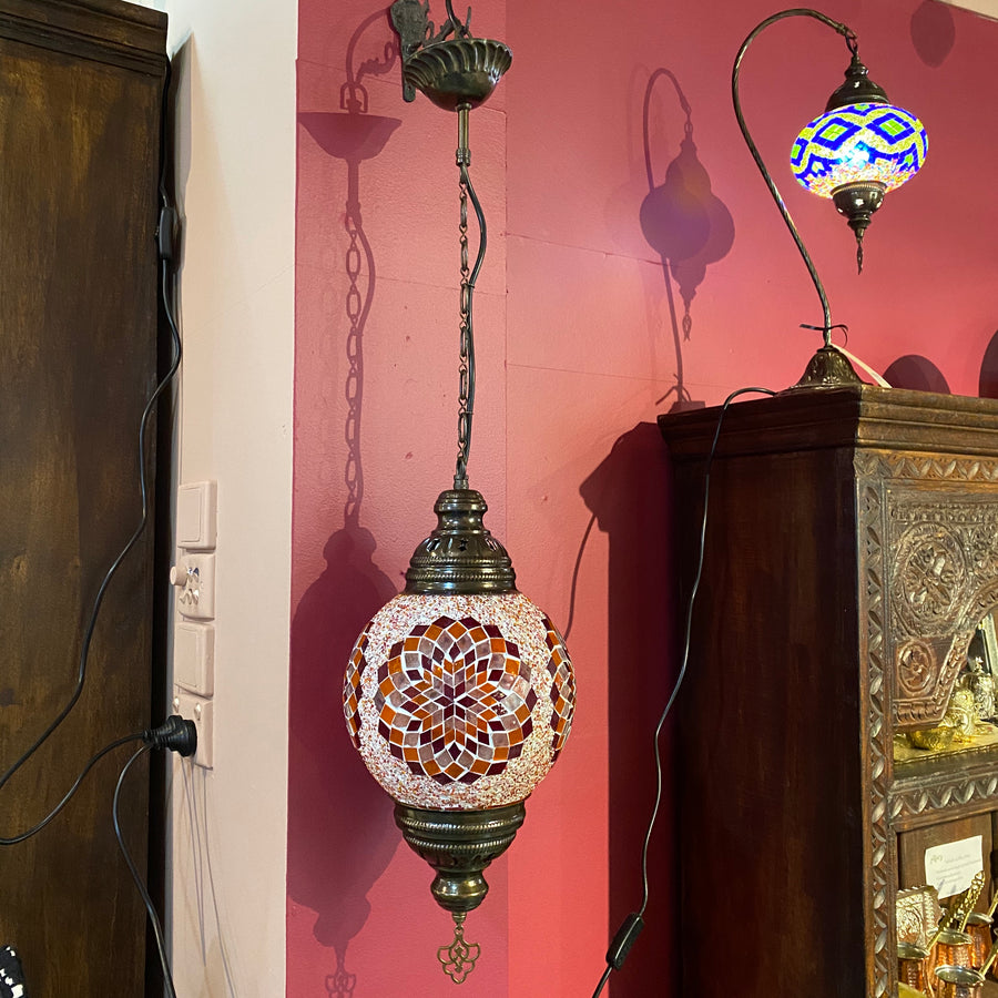 Turkish Mosaic Hanging Lamp - Round - Orange Flower