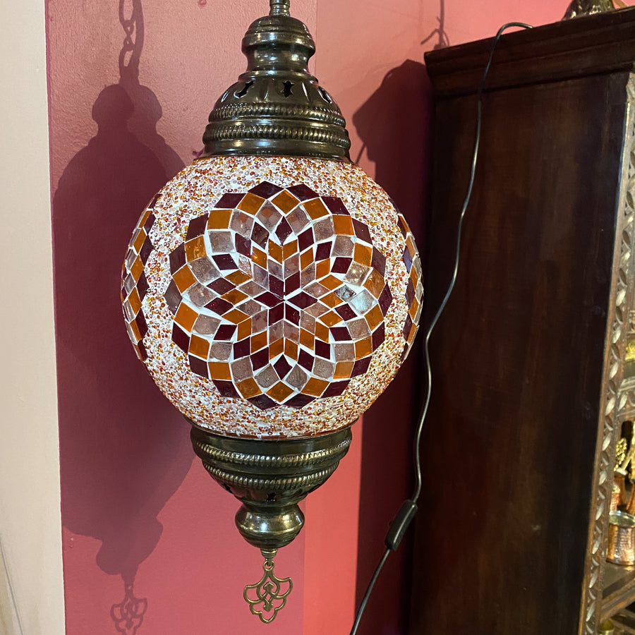 Turkish Mosaic Hanging Lamp - Round - Orange Flower
