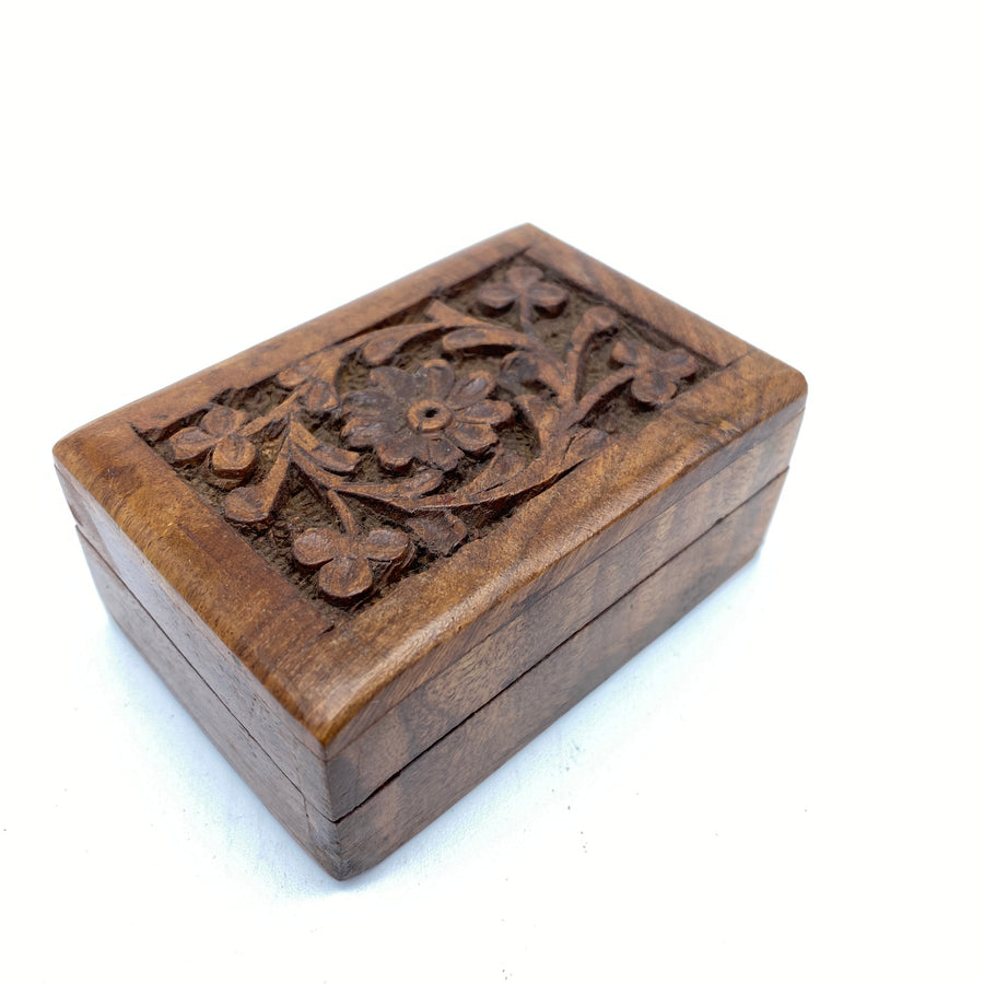 Wooden Box with Carved Flower Lid