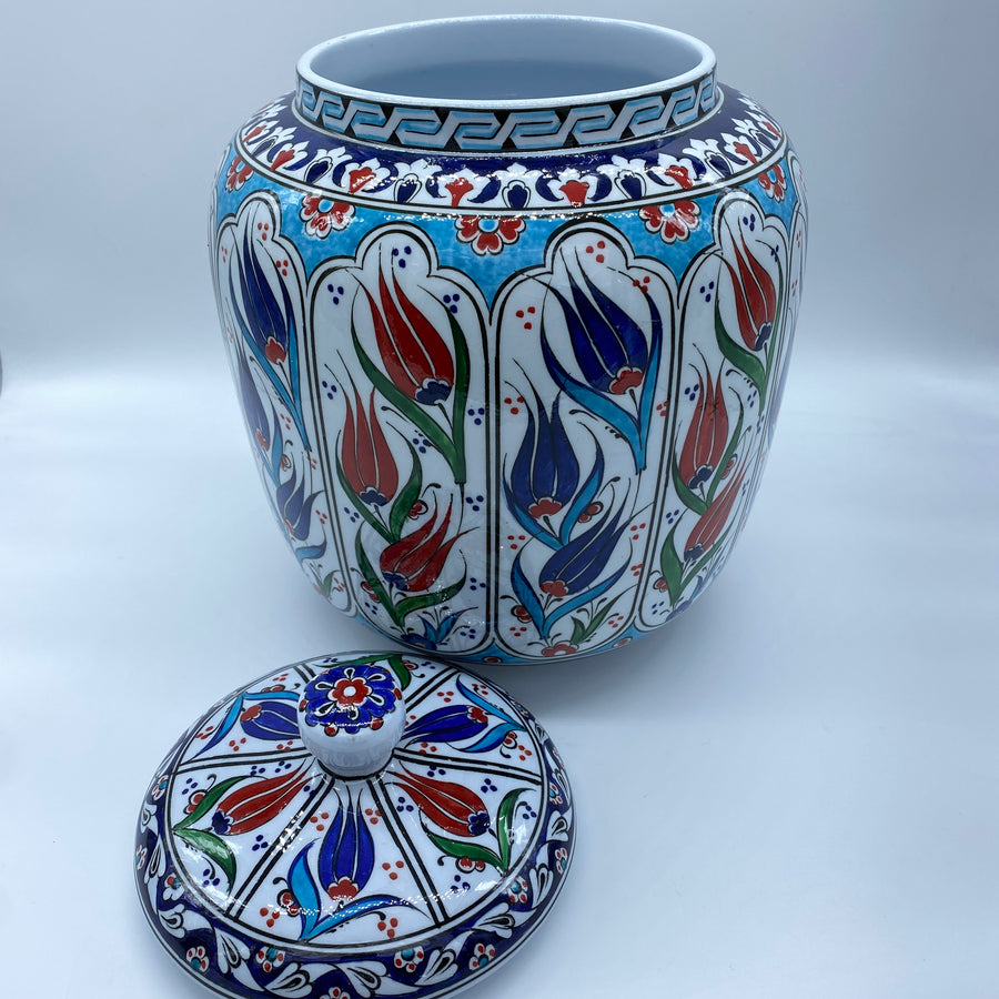 Turkish Ceramic Ginger Jar - Red and Blue Tulips