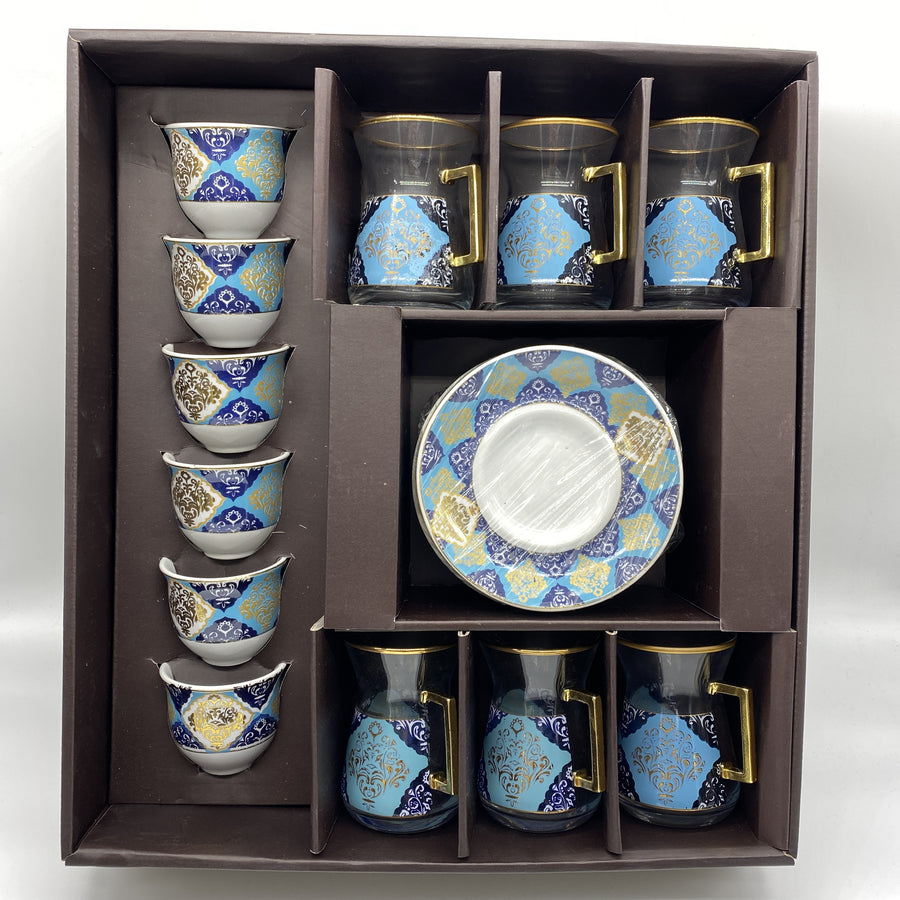 Turkish Tea Glass and Coffee Set  - Gold and Dark Blue