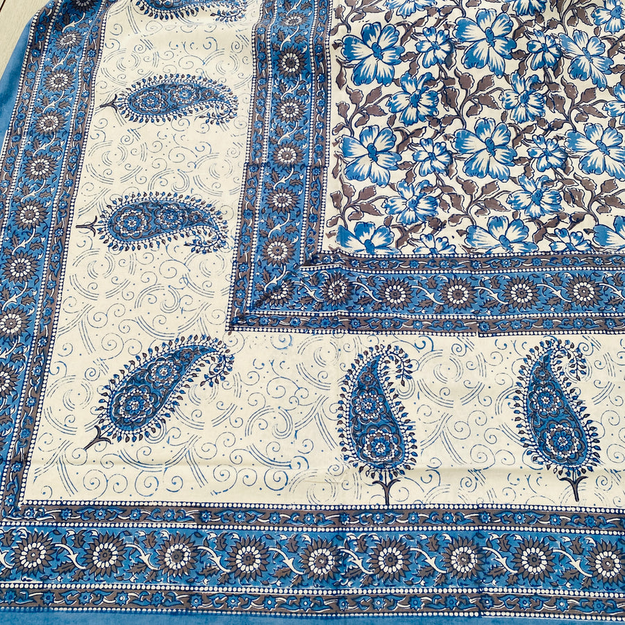 Block Printed Tablecloth - Blue Paisley