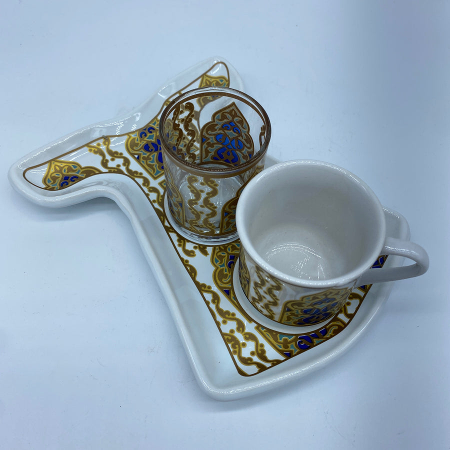 Turkish Coffee Cup and Water Glass - Kaftan Gold and White