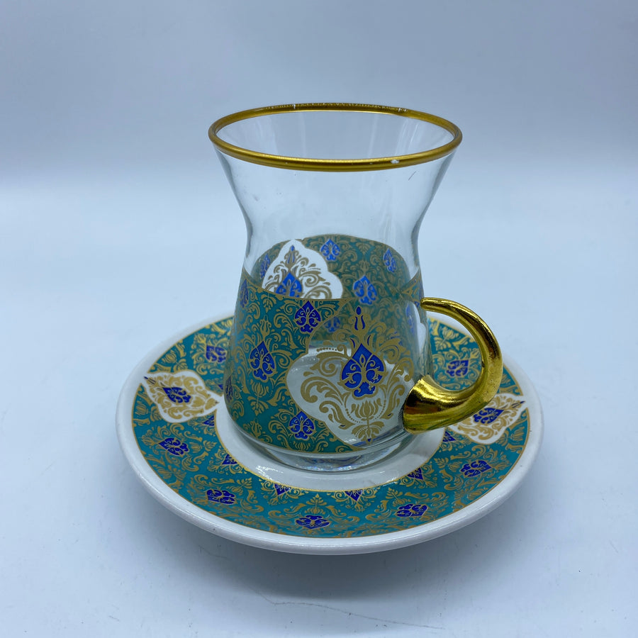 Turkish Tea Glass and Coffee Set - Gold and Turquoise
