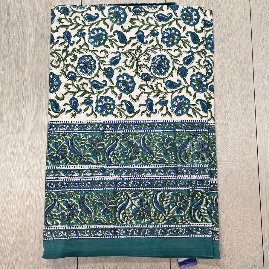 Block Printed Tablecloth - Teal and White