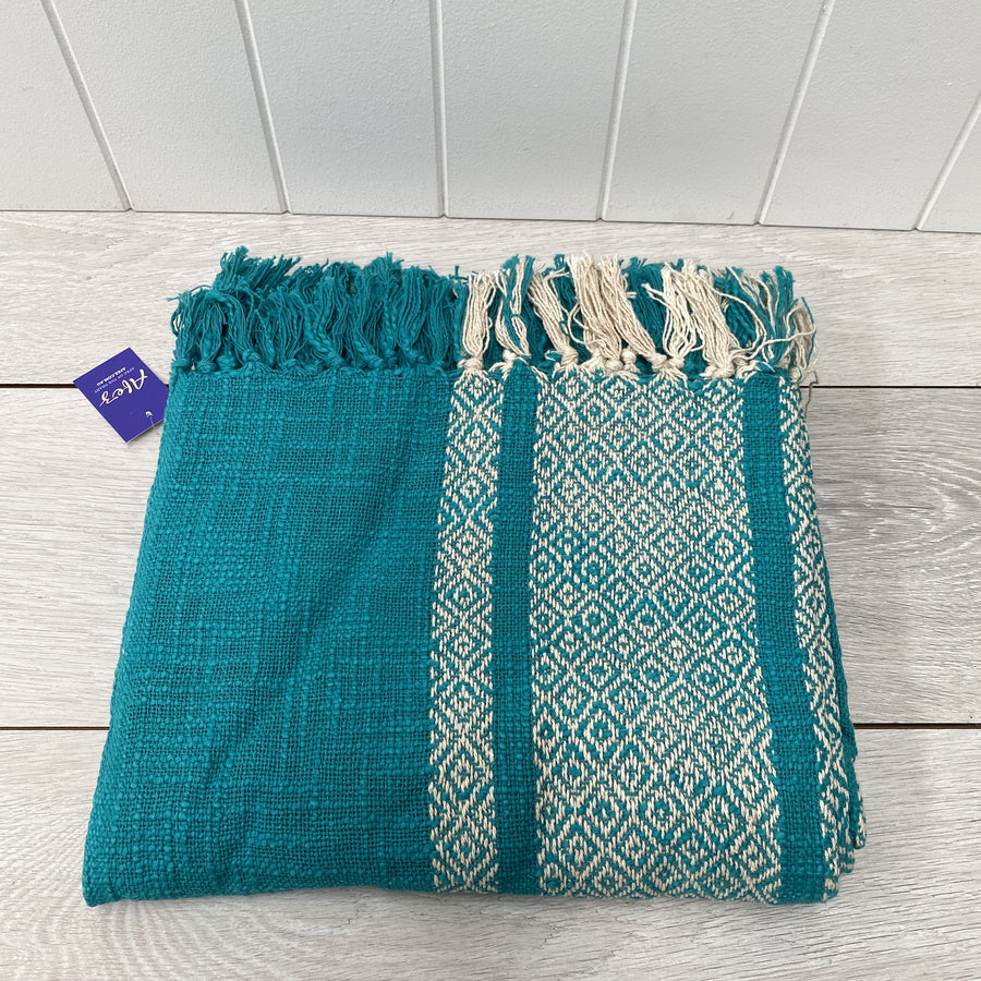 Handloomed Throw - Turquoise & White